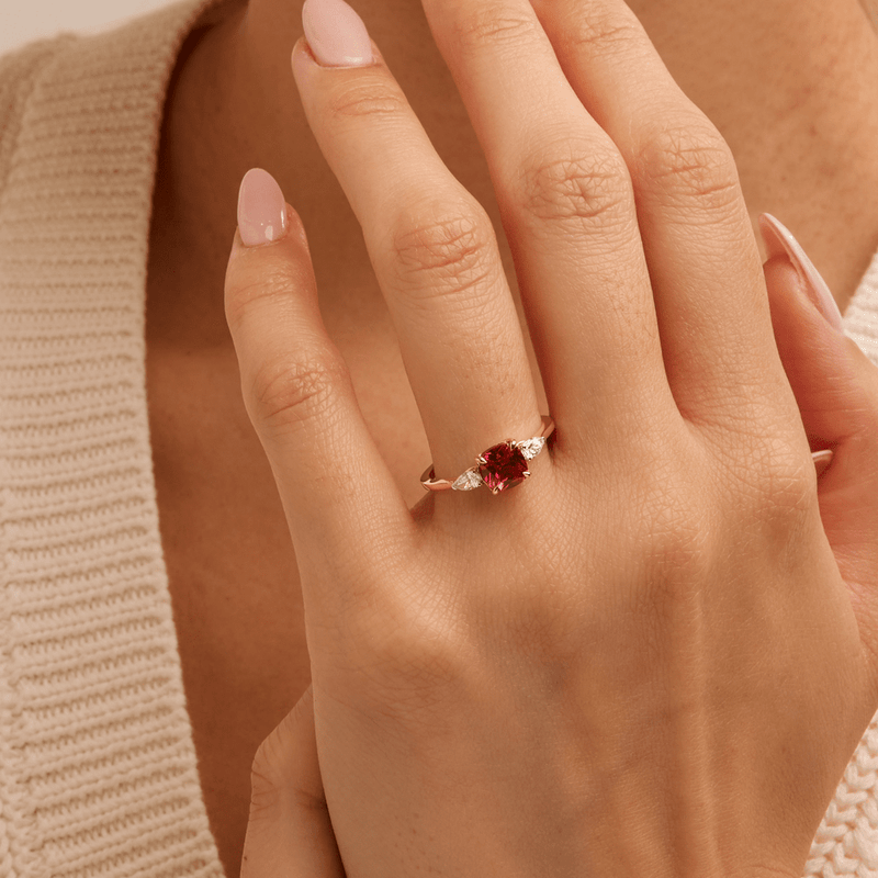 Three Stone Ring with Created Ruby and 0.20tw of Laboratory-Grown Diamonds in 9kt Yellow Gold Rings Bevilles 