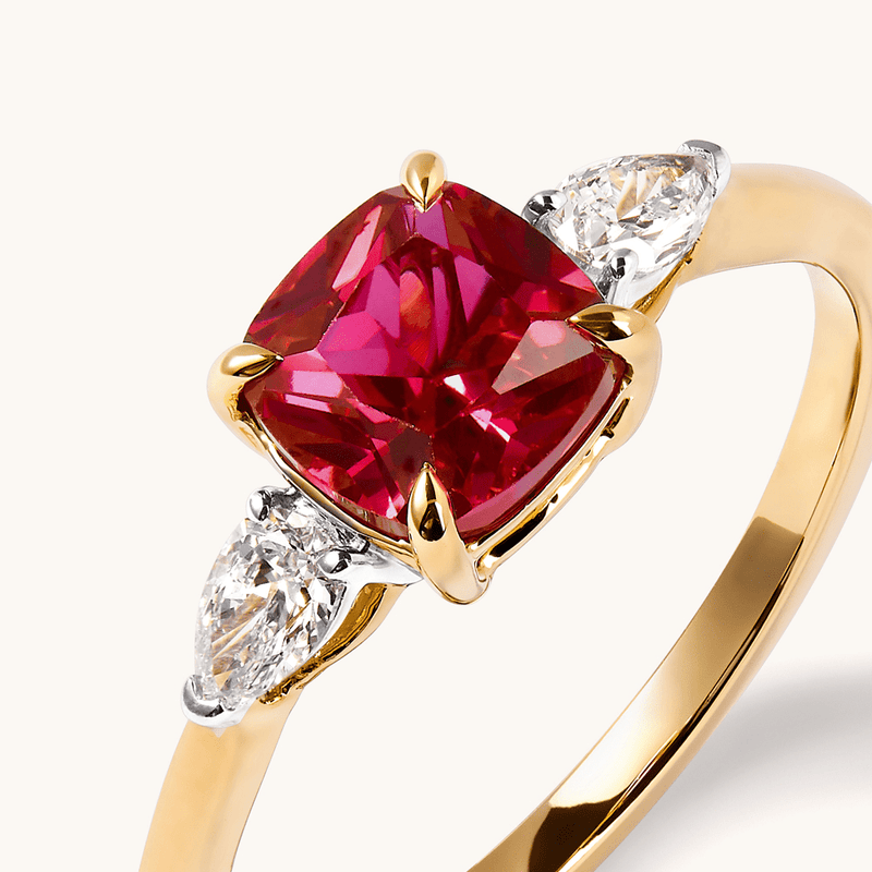 Three Stone Ring with Created Ruby and 0.20tw of Laboratory-Grown Diamonds in 9kt Yellow Gold Rings Bevilles 