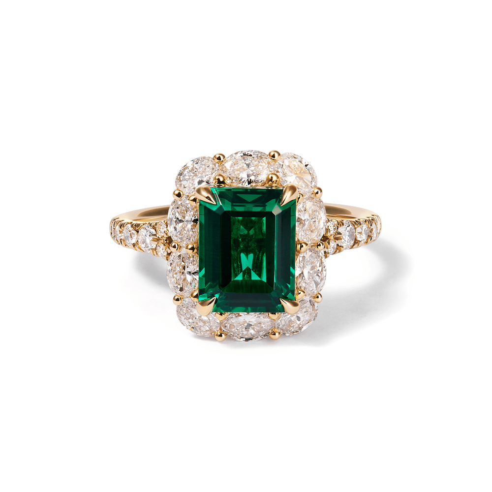 Created Emerald Halo Ring with 1.26tw of Laboratory-Grown Diamonds in 9kt Yellow Gold Rings Bevilles 