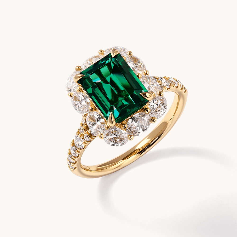 Created Emerald Halo Ring with 1.26tw of Laboratory-Grown Diamonds in 9kt Yellow Gold Rings Bevilles 