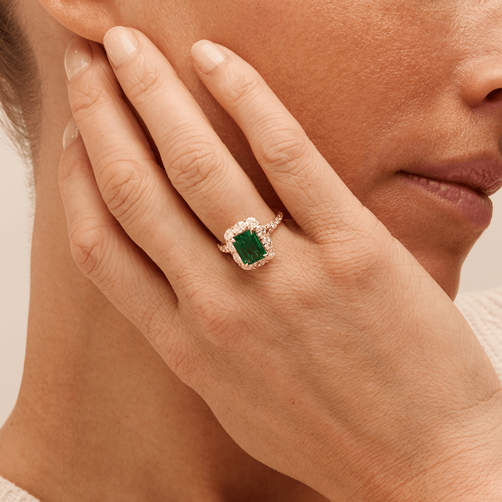 Created Emerald Halo Ring with 1.26tw of Laboratory-Grown Diamonds in 9kt Yellow Gold Rings Bevilles 