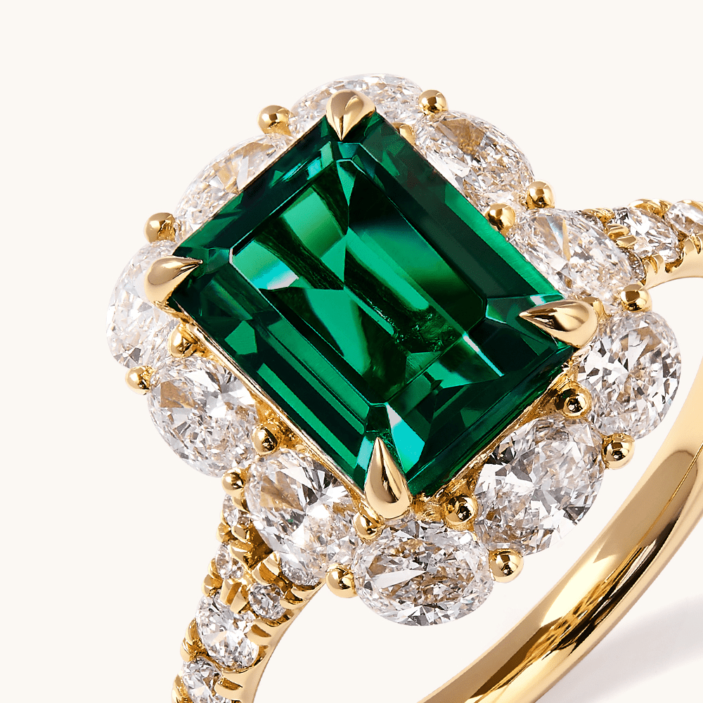 Created Emerald Halo Ring with 1.26tw of Laboratory-Grown Diamonds in 9kt Yellow Gold Rings Bevilles 