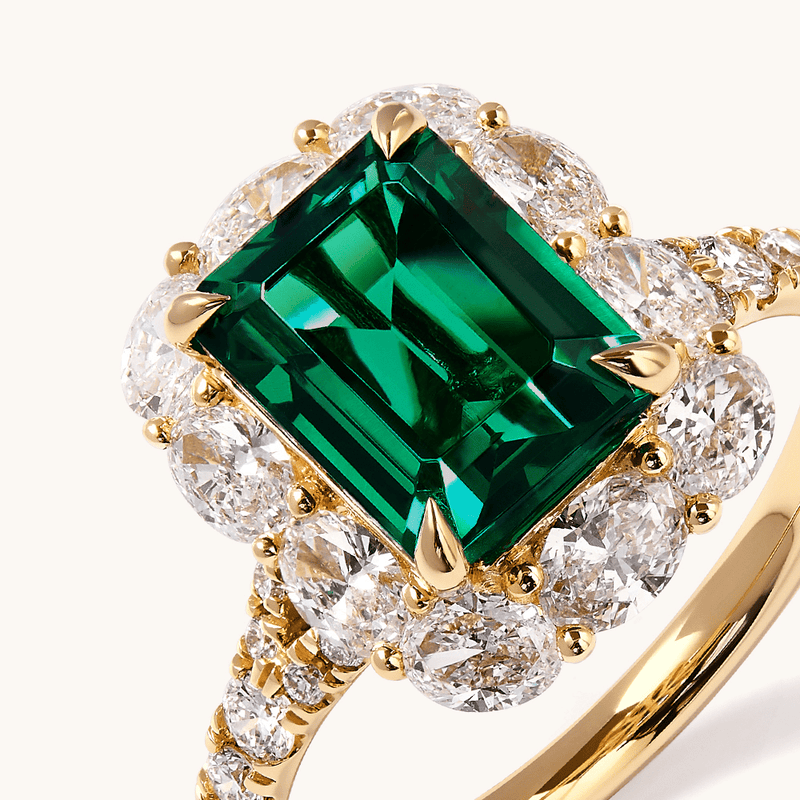 Created Emerald Halo Ring with 1.26tw of Laboratory-Grown Diamonds in 9kt Yellow Gold Rings Bevilles 