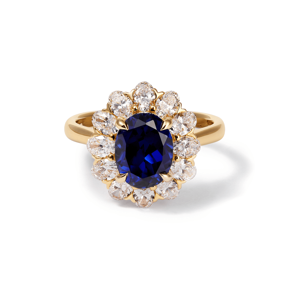 Oval Created Sapphire Halo Ring with 1.20tw of Laboratory-Grown Diamonds in 9kt Yellow Gold Rings Bevilles 