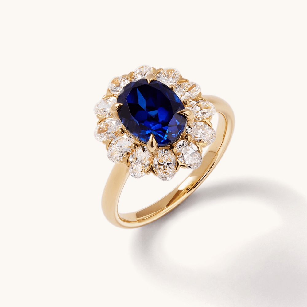Oval Created Sapphire Halo Ring with 1.20tw of Laboratory-Grown Diamonds in 9kt Yellow Gold Rings Bevilles 