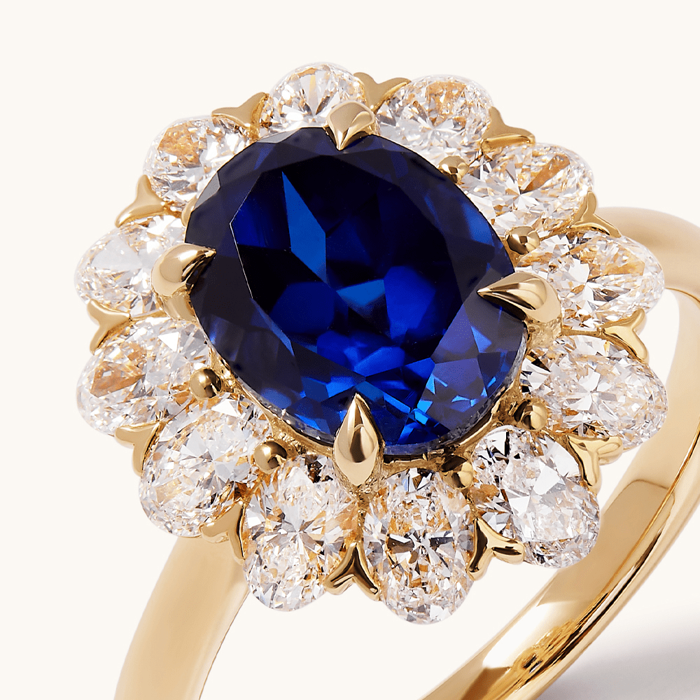 Oval Created Sapphire Halo Ring with 1.20tw of Laboratory-Grown Diamonds in 9kt Yellow Gold Rings Bevilles 