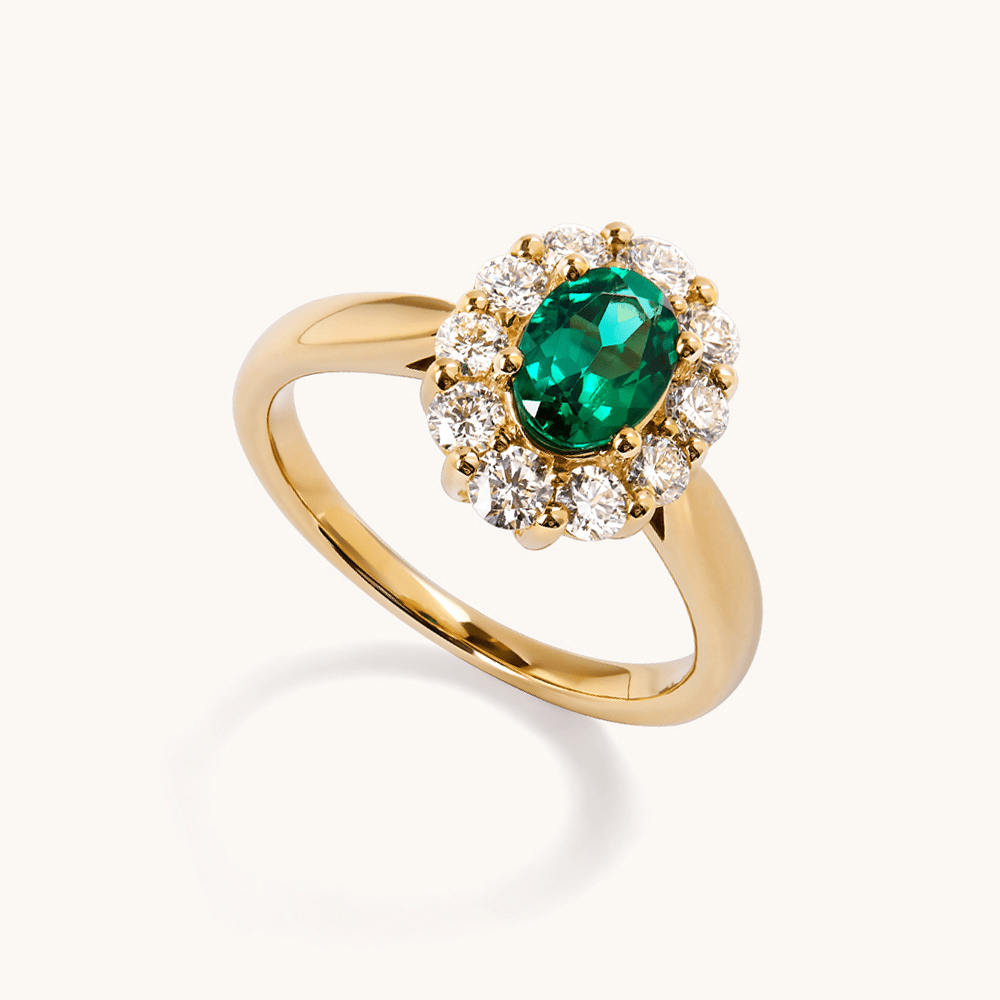 Oval Created Sapphire Emerald Ring with 0.62tw of Laboratory-Grown Diamonds in 9kt Yellow Gold Rings Bevilles 
