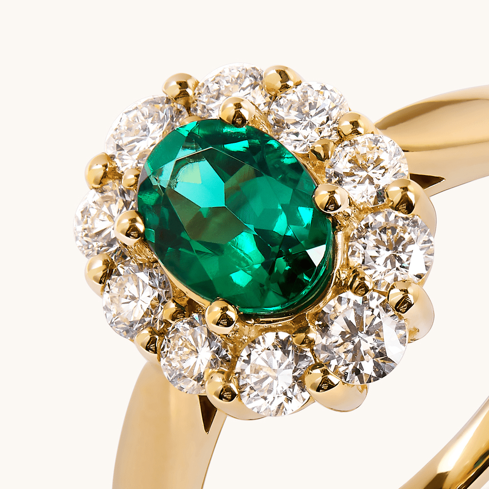Oval Created Sapphire Emerald Ring with 0.62tw of Laboratory-Grown Diamonds in 9kt Yellow Gold Rings Bevilles 