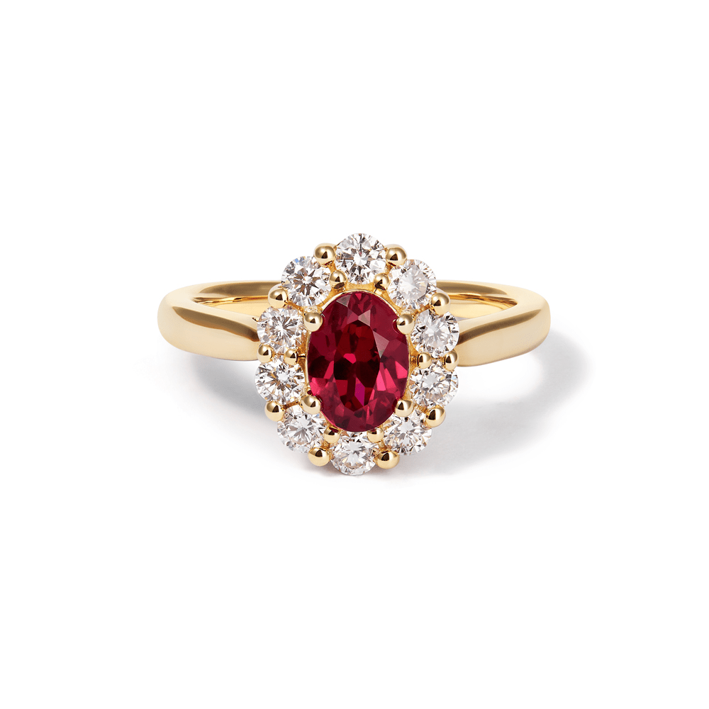 Oval Created Ruby Halo Ring with 0.62tw of Laboratory-Grown Diamonds in 9kt Yellow Gold Rings Bevilles 