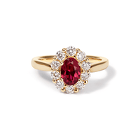 Oval Created Ruby Halo Ring with 0.62tw of Laboratory-Grown Diamonds in 9kt Yellow Gold Rings Bevilles 