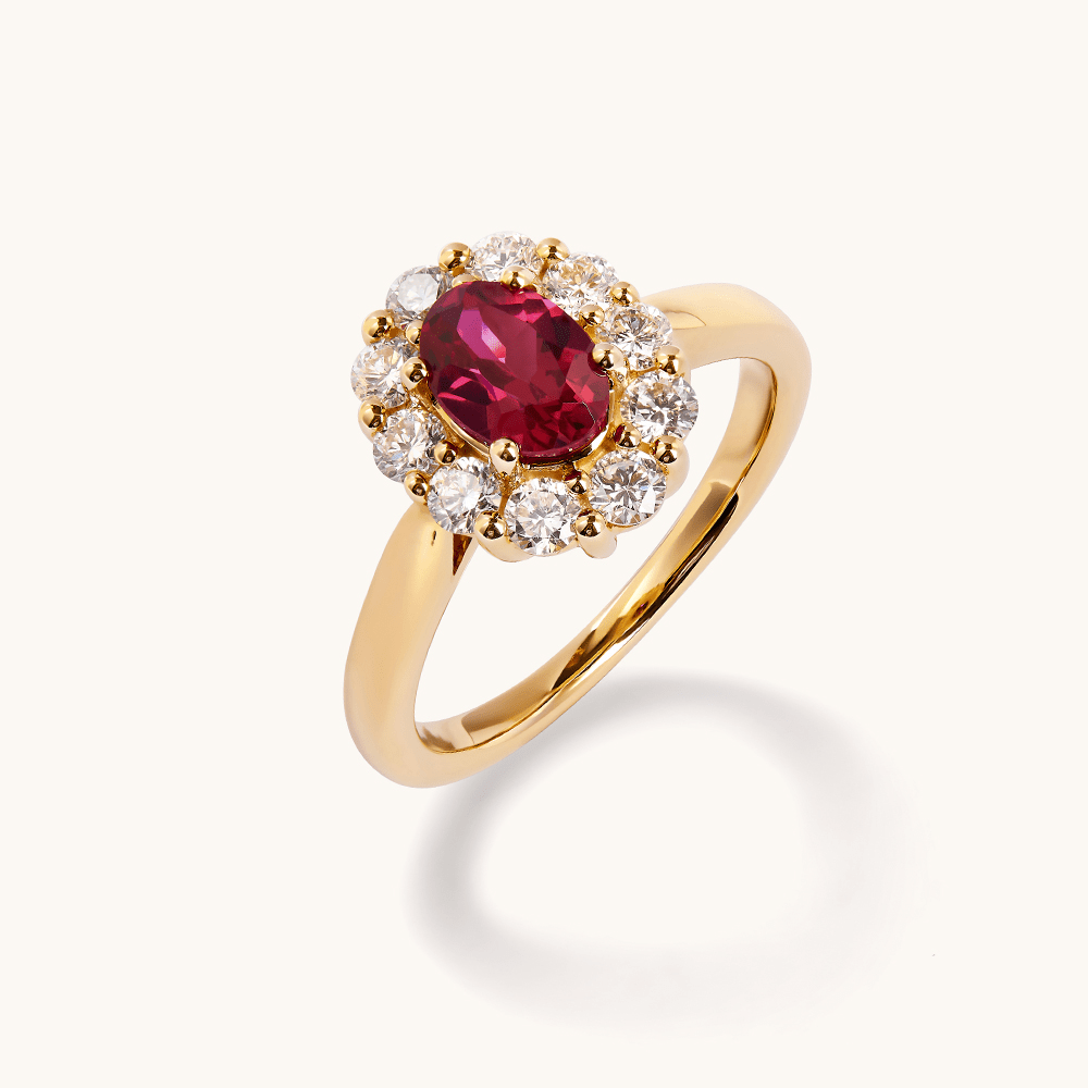 Oval Created Ruby Halo Ring with 0.62tw of Laboratory-Grown Diamonds in 9kt Yellow Gold Rings Bevilles 