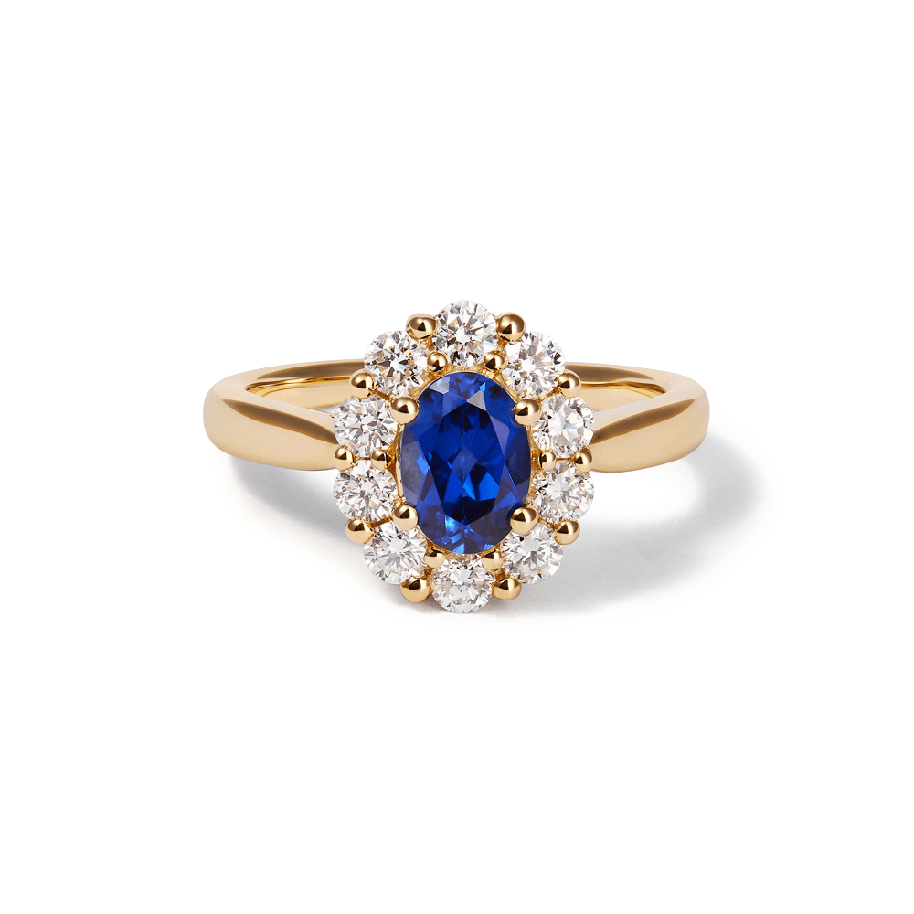 Oval Created Sapphire Halo Ring with 0.62tw of Laboratory-Grown Diamonds in 9kt Yellow Gold Rings Bevilles 