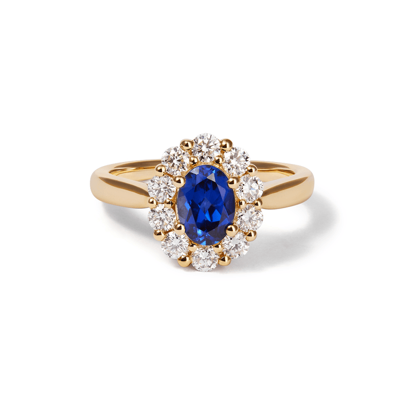 Oval Created Sapphire Halo Ring with 0.62tw of Laboratory-Grown Diamonds in 9kt Yellow Gold Rings Bevilles 
