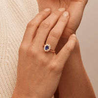 Oval Created Sapphire Halo Ring with 0.62tw of Laboratory-Grown Diamonds in 9kt Yellow Gold Rings Bevilles 