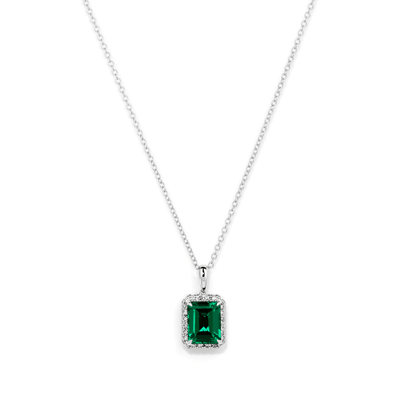 45cm Halo Oval Created Emerald Necklace with 0.18tw of Laboratory-Grown Diamonds in Sterling Silver and Platinum Pendants Bevilles 