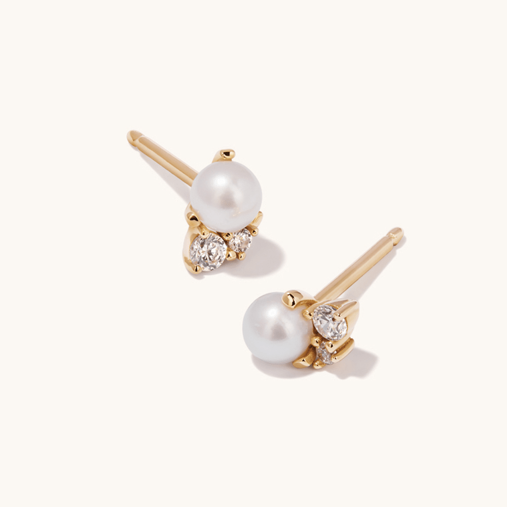 Cluster Pearl and Cubic Zirconia Stud Earrings in 9kt Yellow Gold Earrings Bevilles 