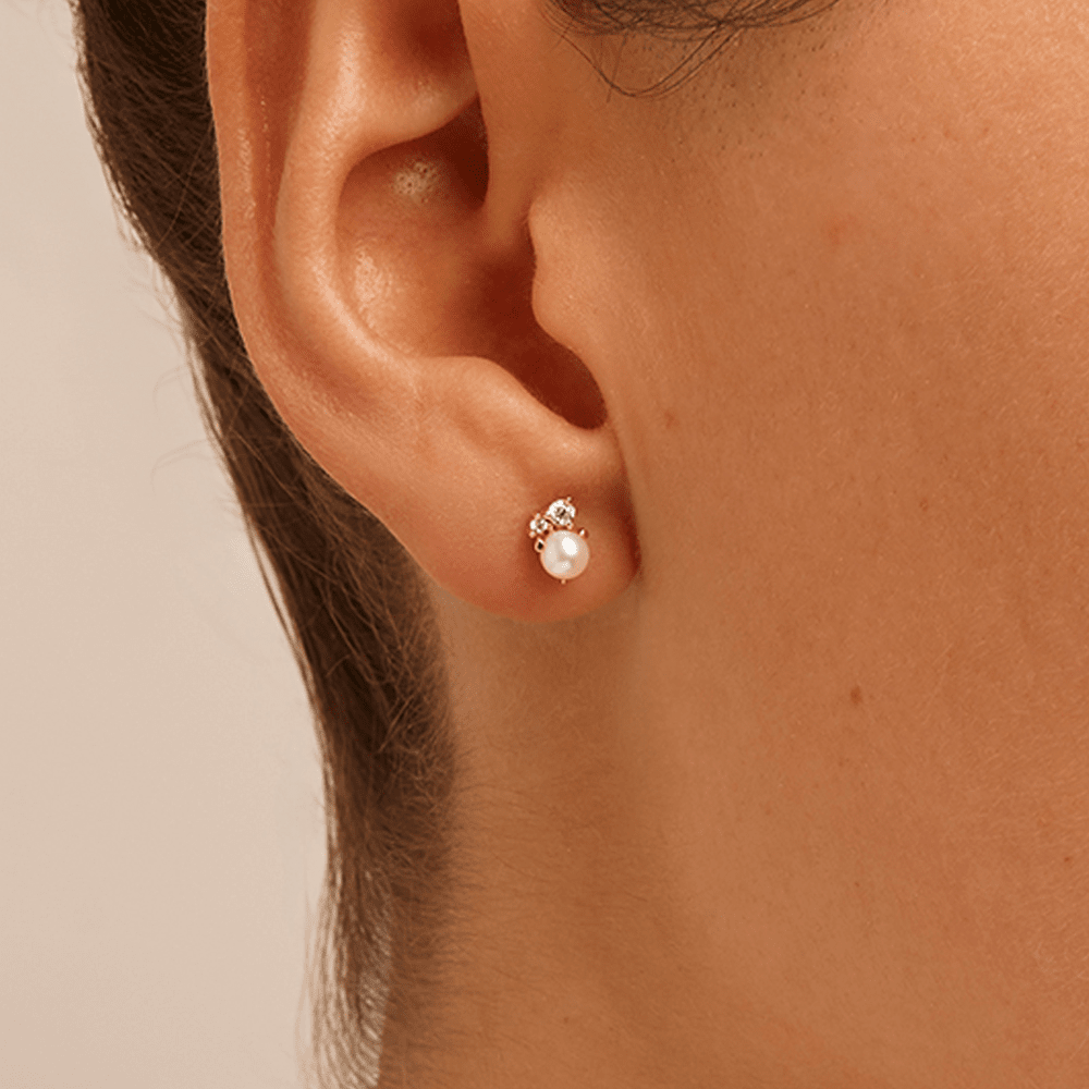Cluster Pearl and Cubic Zirconia Stud Earrings in 9kt Yellow Gold Earrings Bevilles 