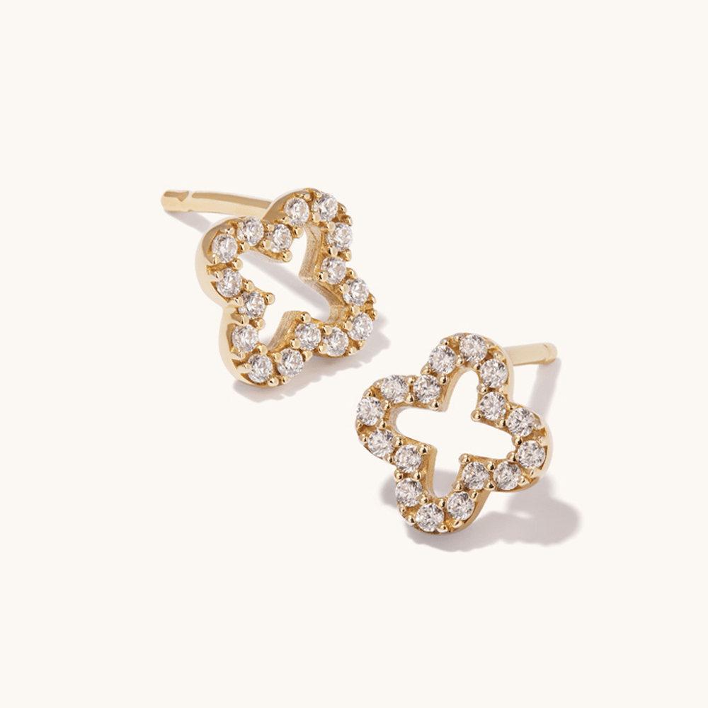 Cubic Zirconia Clover Cut Out Stud Earrings in 9kt Yellow Gold Earrings Bevilles 
