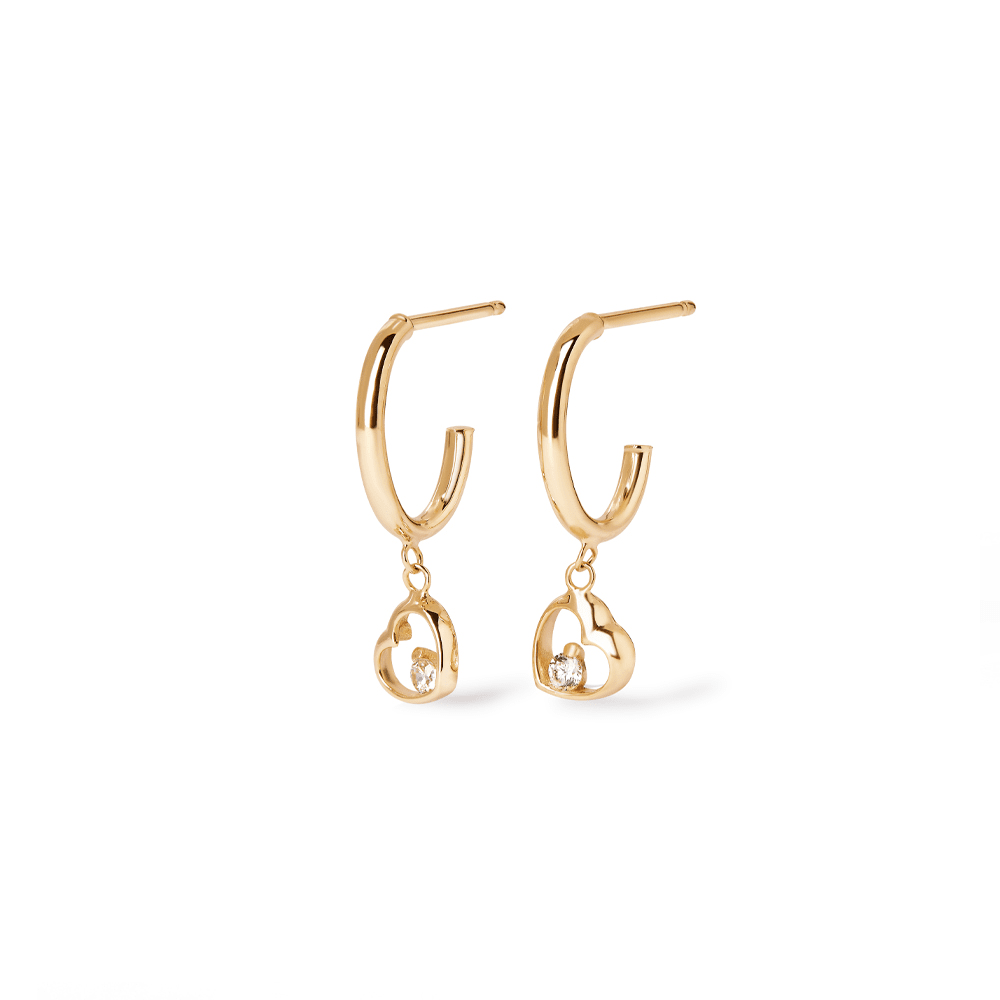 Cubic Zirconia Heart Drop Hoop Stud Earrings in 9kt Yellow Gold Earrings Bevilles 