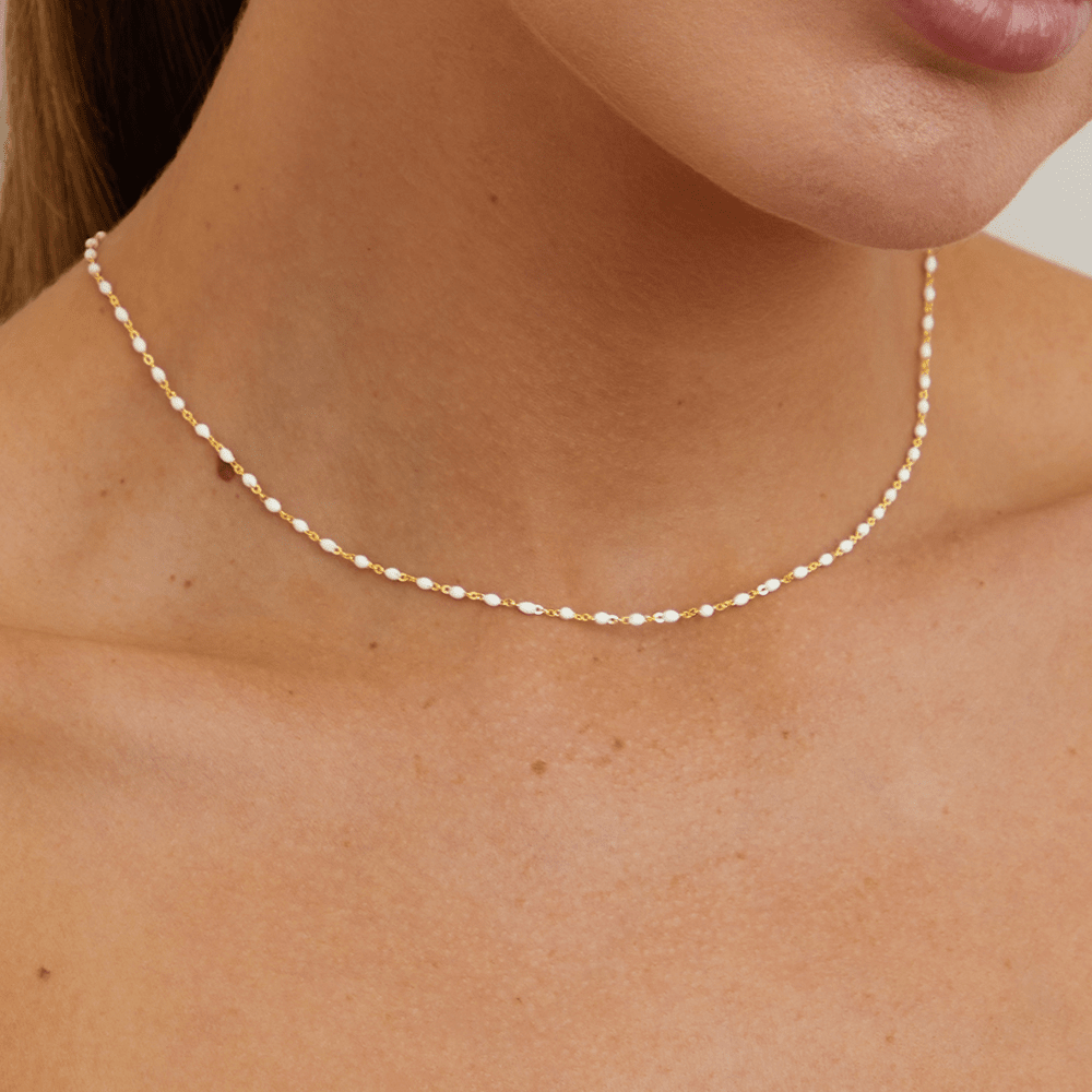 45cm White Beaded Belcher Necklace in 18kt Fine Gold-Plated Sterling Silver Necklaces Bevilles 