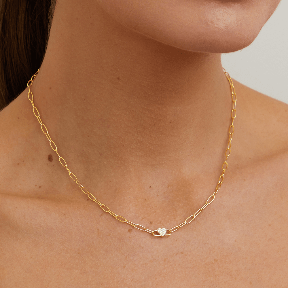45cm Cubic Zirconia Heart Paperclip Necklace in 18kt Gold Plated Sterling Silver Pendants Bevilles 