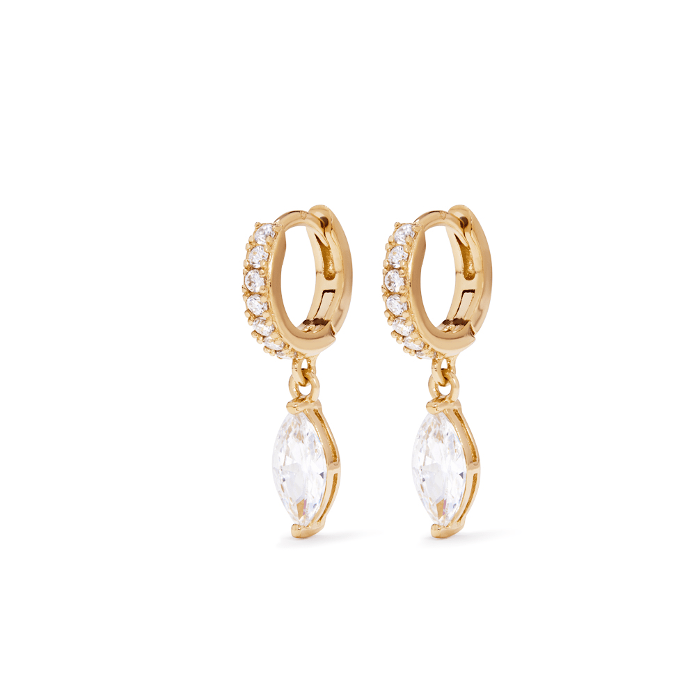 10mm Cubic Zirconia Marquise Drop Huggies in 18kt Gold Plated Sterling Silver Earrings Bevilles 