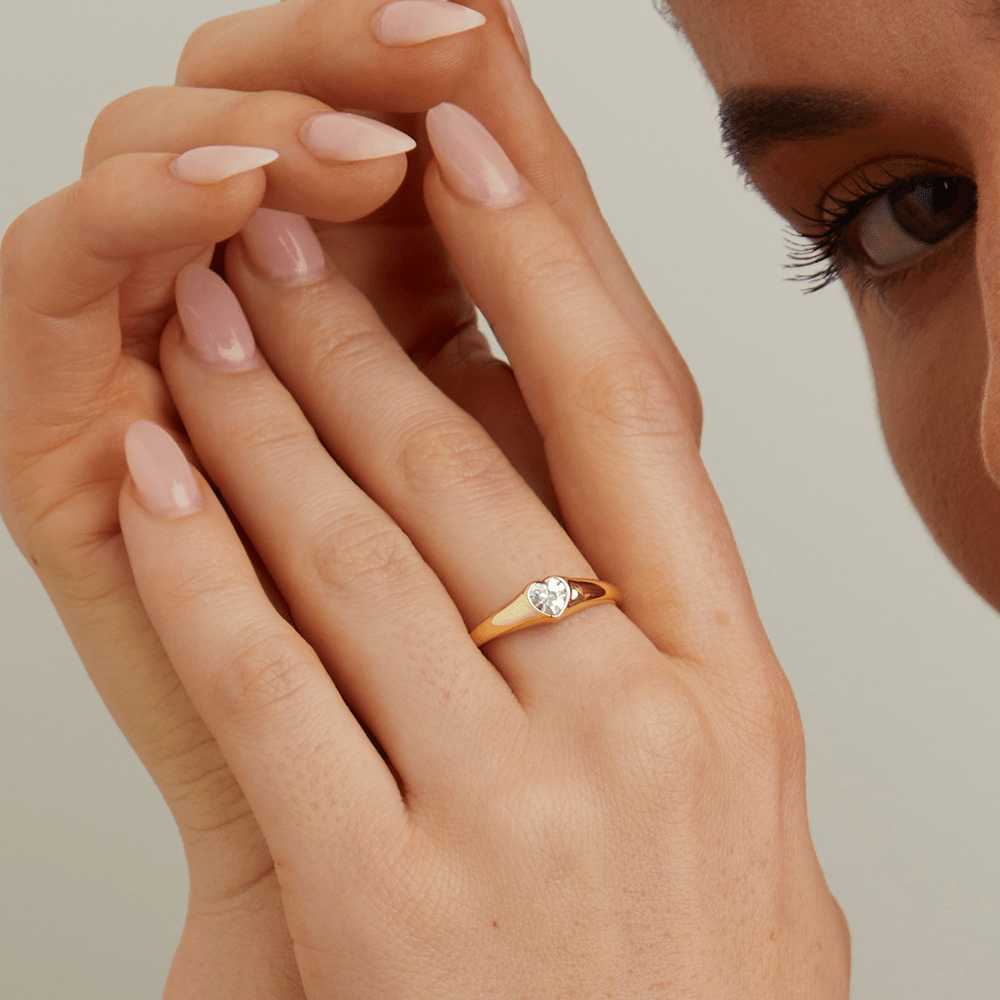 Cubic Zirconia Heart Signet Ring in 18kt Gold Plated Sterling Silver Rings Bevilles 