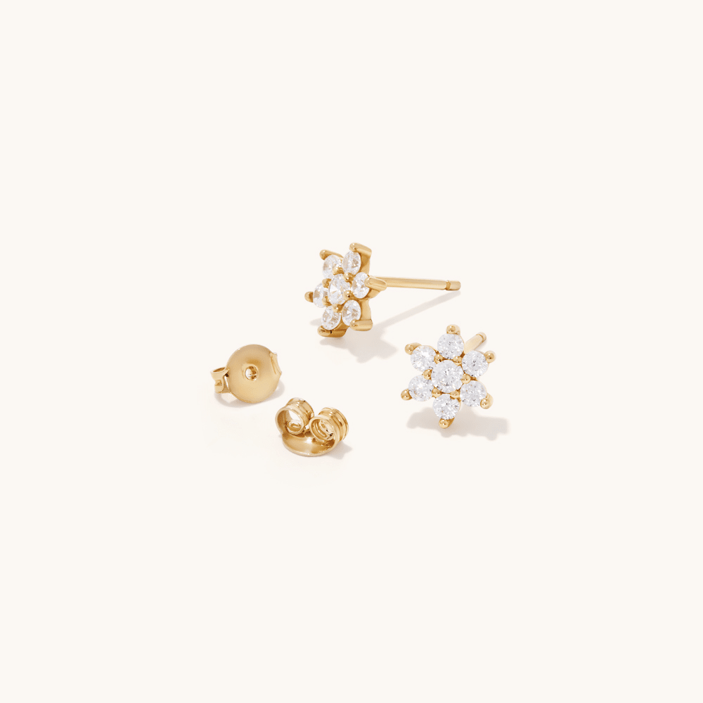 Cubic Zirconia Flower Studs in 9kt Bonded Gold Silver Filled Earrings Bevilles 