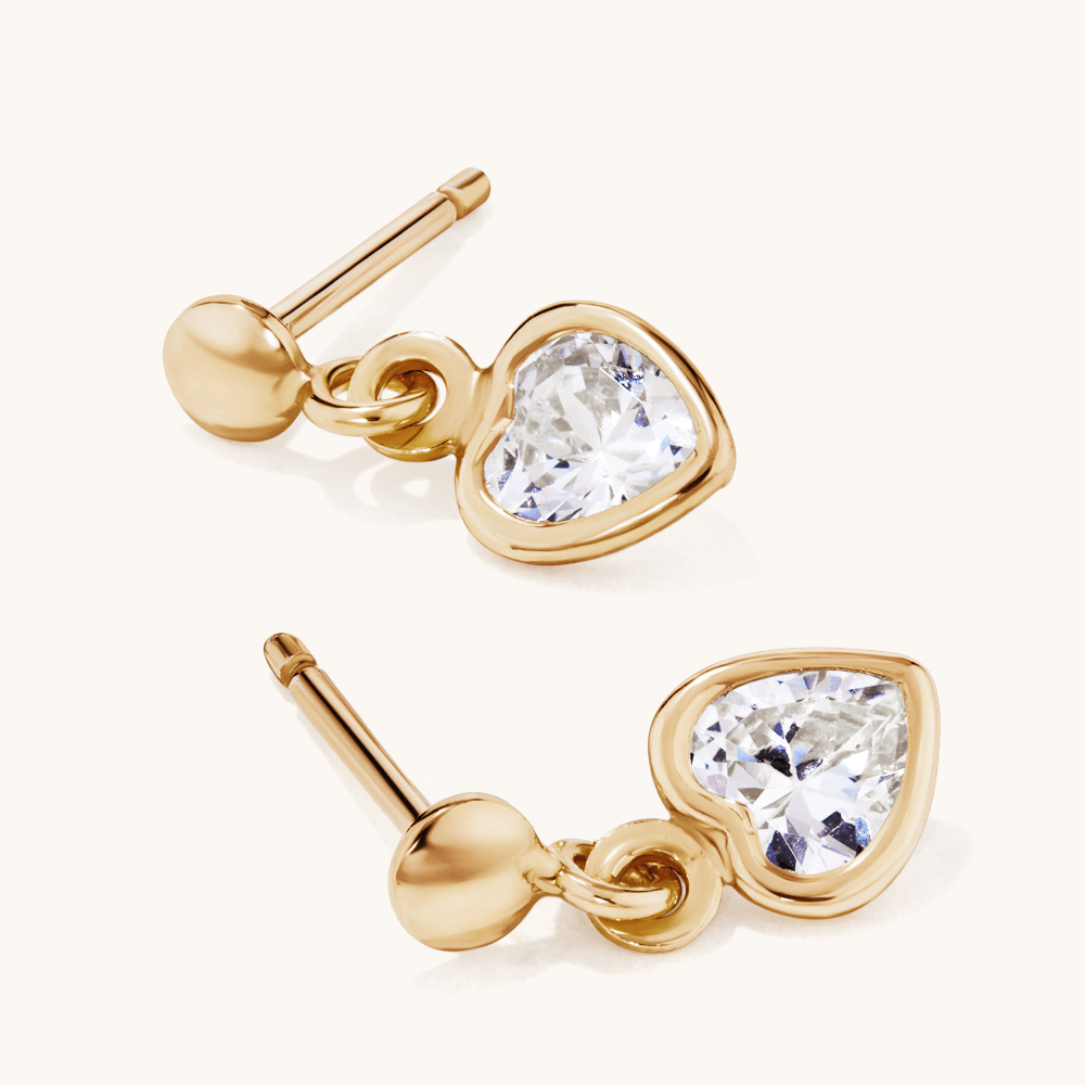 13mm Cubic Zirconia Bezel Heart Drop Studs in 9kt Bonded Gold Earrings Bevilles 