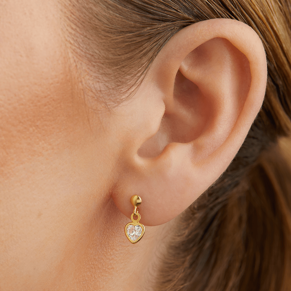 13mm Cubic Zirconia Bezel Heart Drop Studs in 9kt Bonded Gold Earrings Bevilles 