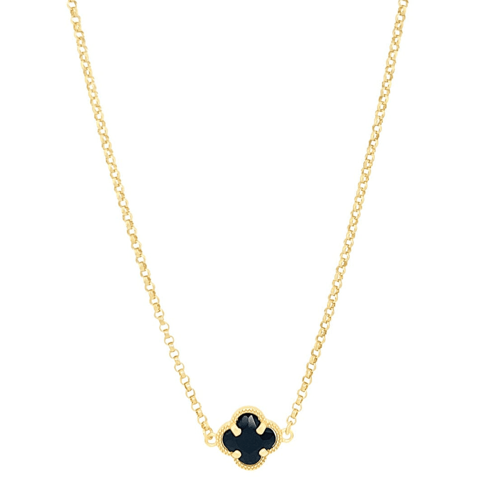 45cm Black Crystal Clover Necklace in 9kt Yellow Bonded Gold Pendants Bevilles 