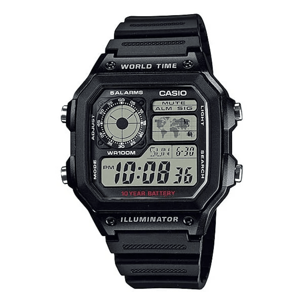 Casio Black Digital World Time Watch AE1200WH-1A Watches Bevilles 
