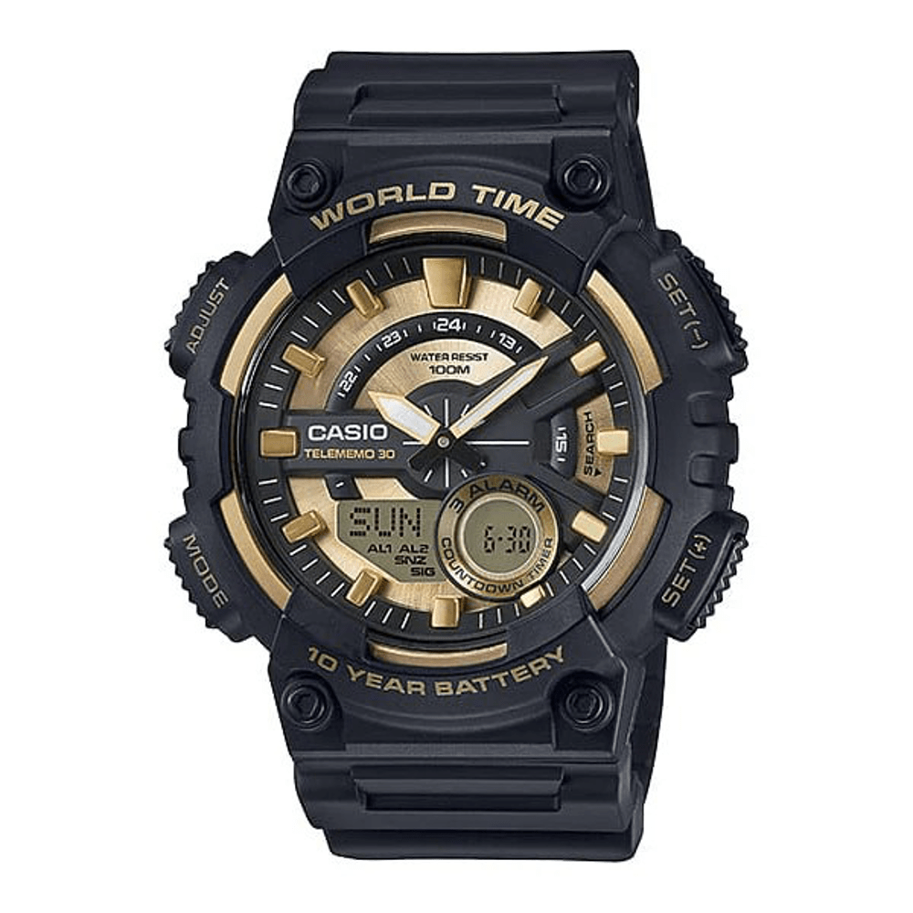 Casio World Time Analog-Digital Black and Gold Watch AEQ110BW-9A Watches Bevilles 