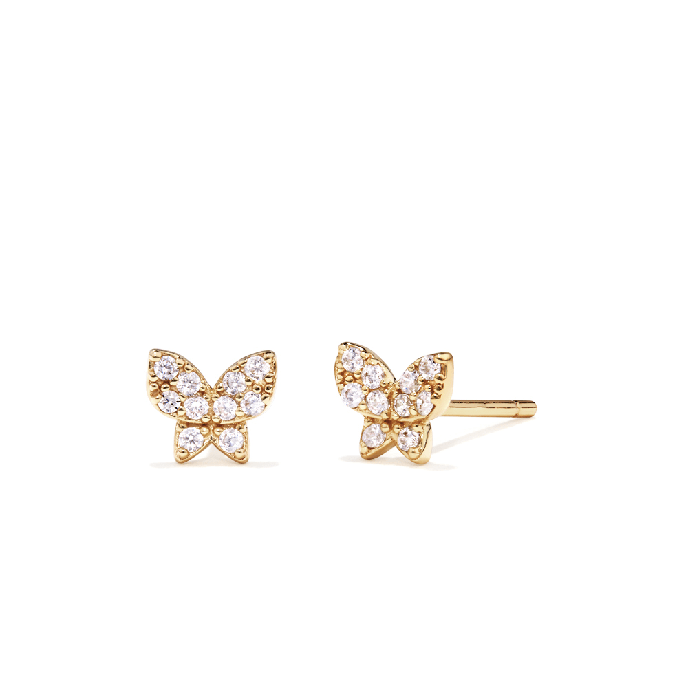 Cubic Zirconia Butterfly Studs in 18kt Fine Gold Plated Sterling Silver Earrings Bevilles 