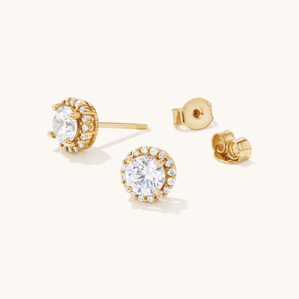 Cubic Zirconia 5mm Halo Stud Earrings in 18kt Fine Gold Plated Sterling Silver Earrings Bevilles 