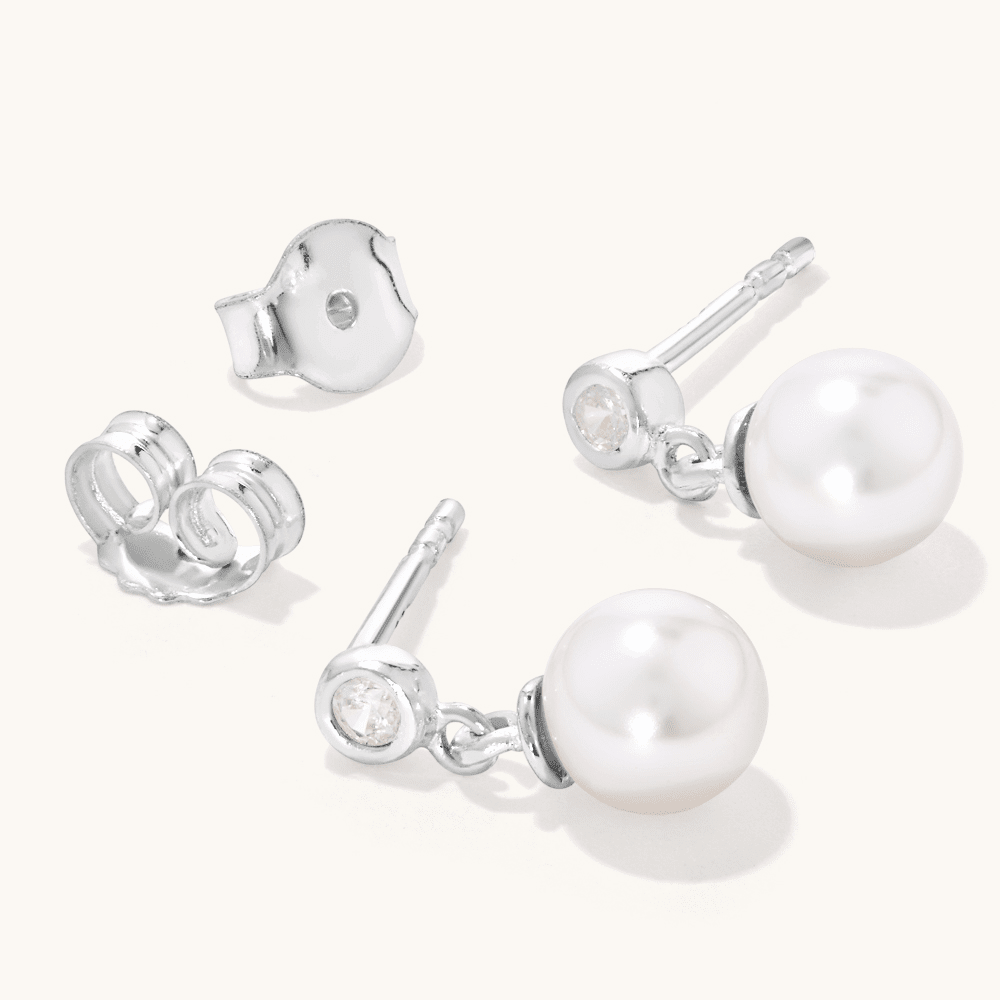 12mm Synthetic Pearl and Cubic Zirconia Drop Stud Earring in Sterling Silver Earrings Bevilles 