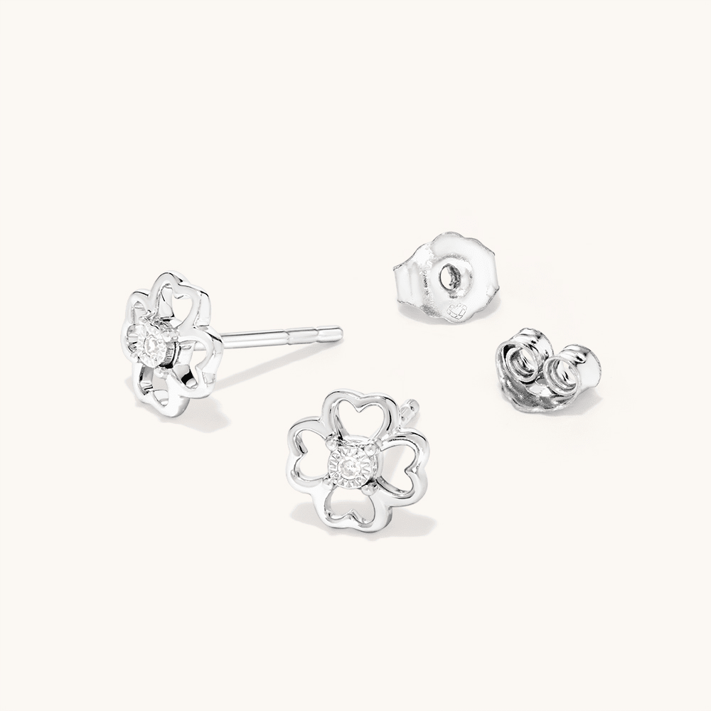 Four-Leaf Clover Laboratory-Grown Diamond Set Stud Earrings in Rhodium Plated Sterling Silver Earrings Bevilles 