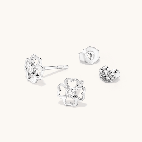 Four-Leaf Clover Laboratory-Grown Diamond Set Stud Earrings in Rhodium Plated Sterling Silver Earrings Bevilles 