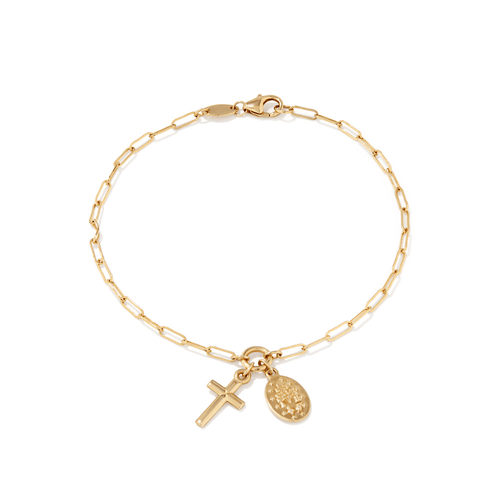 19cm Cross and Madonna Charm Bracelet in 9kt Yellow Bonded Gold Bracelets Bevilles 