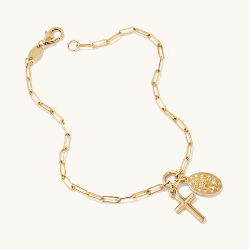 19cm Cross and Madonna Charm Bracelet in 9kt Yellow Bonded Gold Bracelets Bevilles 