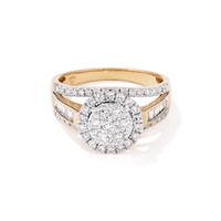 Cluster Halo Ring with Baguette Shoulders and 1.00tw of Laboratory-Grown Diamonds in 9kt Yellow Gold and Rhodium Rings Bevilles 