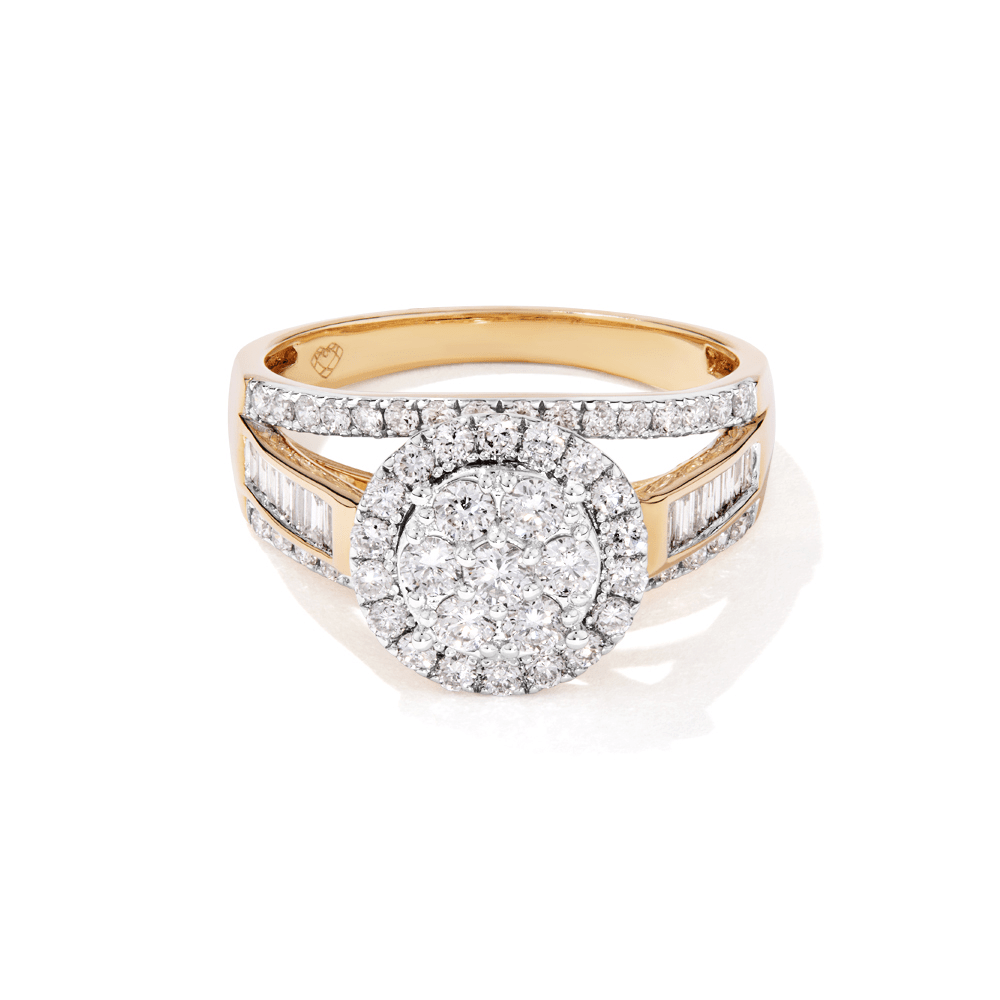 Cluster Halo Ring with Baguette Shoulders and 1.00tw of Laboratory-Grown Diamonds in 9kt Yellow Gold and Rhodium Rings Bevilles 