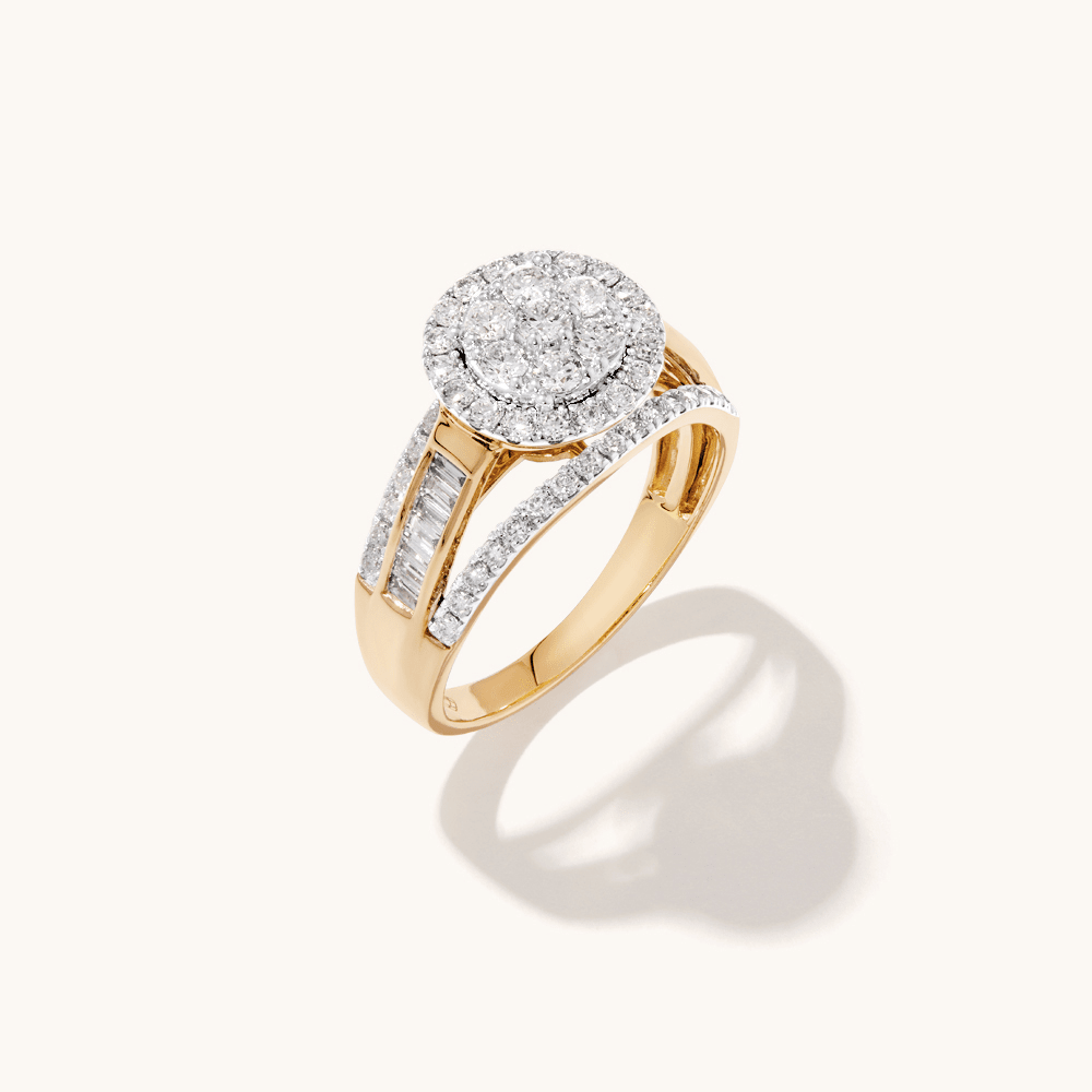 Cluster Halo Ring with Baguette Shoulders and 1.00tw of Laboratory-Grown Diamonds in 9kt Yellow Gold and Rhodium Rings Bevilles 
