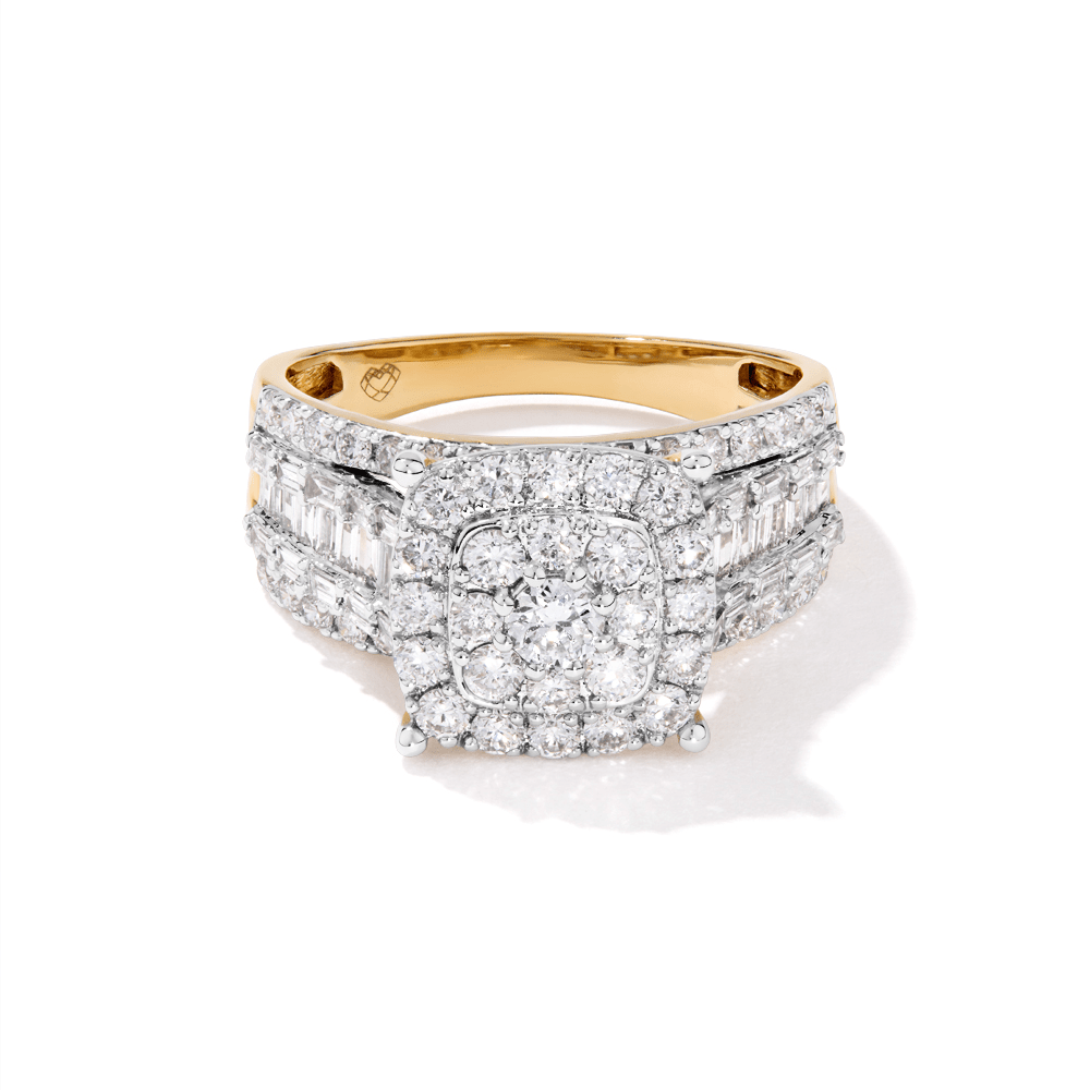 Cushion Cluster Ring with Baguette Shoulders and 1.50tw of Laboratory-Grown Diamonds in 9kt Yellow Gold Rings Bevilles 