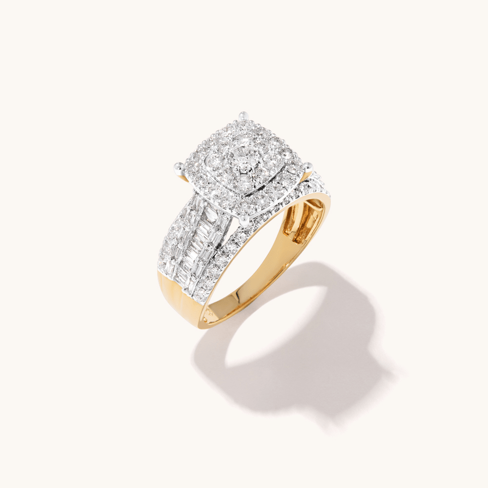 Cushion Cluster Ring with Baguette Shoulders and 1.50tw of Laboratory-Grown Diamonds in 9kt Yellow Gold Rings Bevilles 
