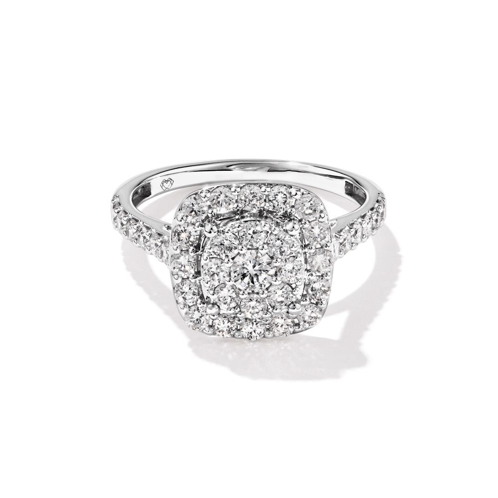 Cushion Shaped Cluster Ring with 1.00tw of Laboratory-Grown Diamonds in Sterling Silver and Platinum Rings Bevilles 
