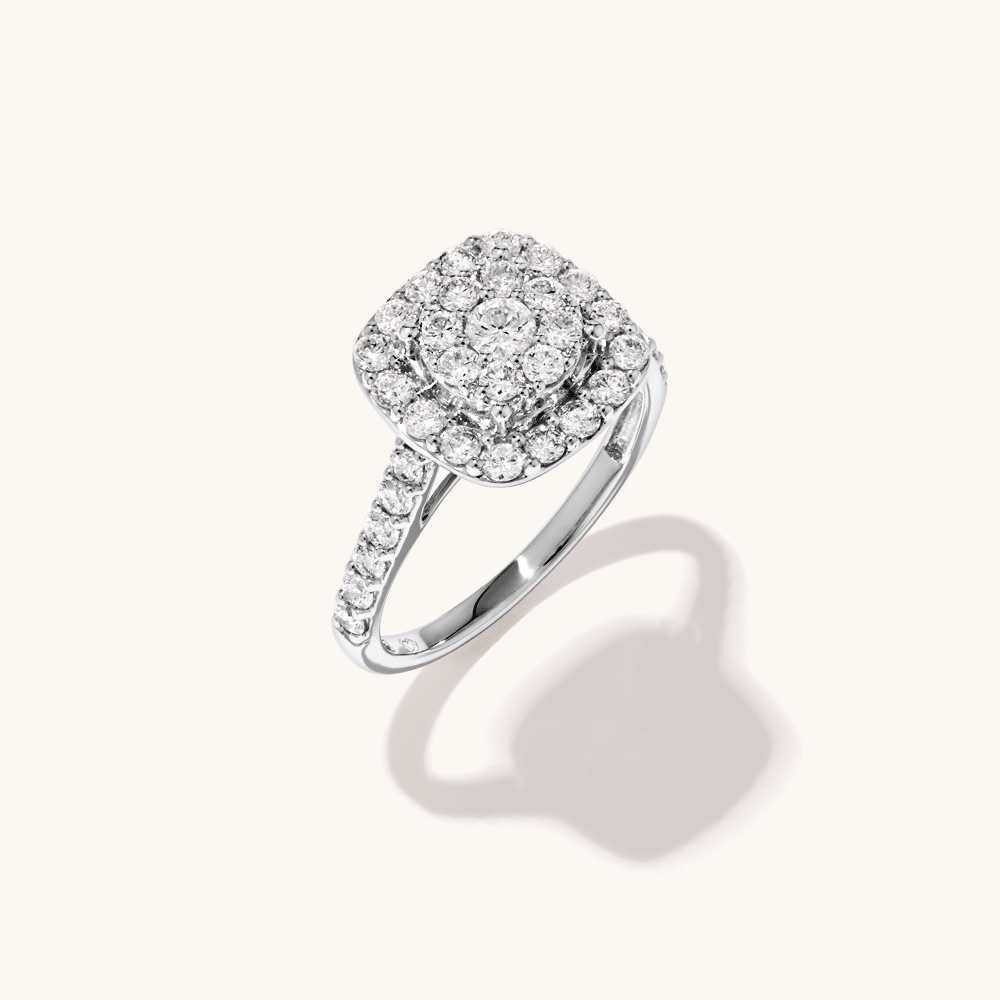 Cushion Shaped Cluster Ring with 1.00tw of Laboratory-Grown Diamonds in Sterling Silver and Platinum Rings Bevilles 