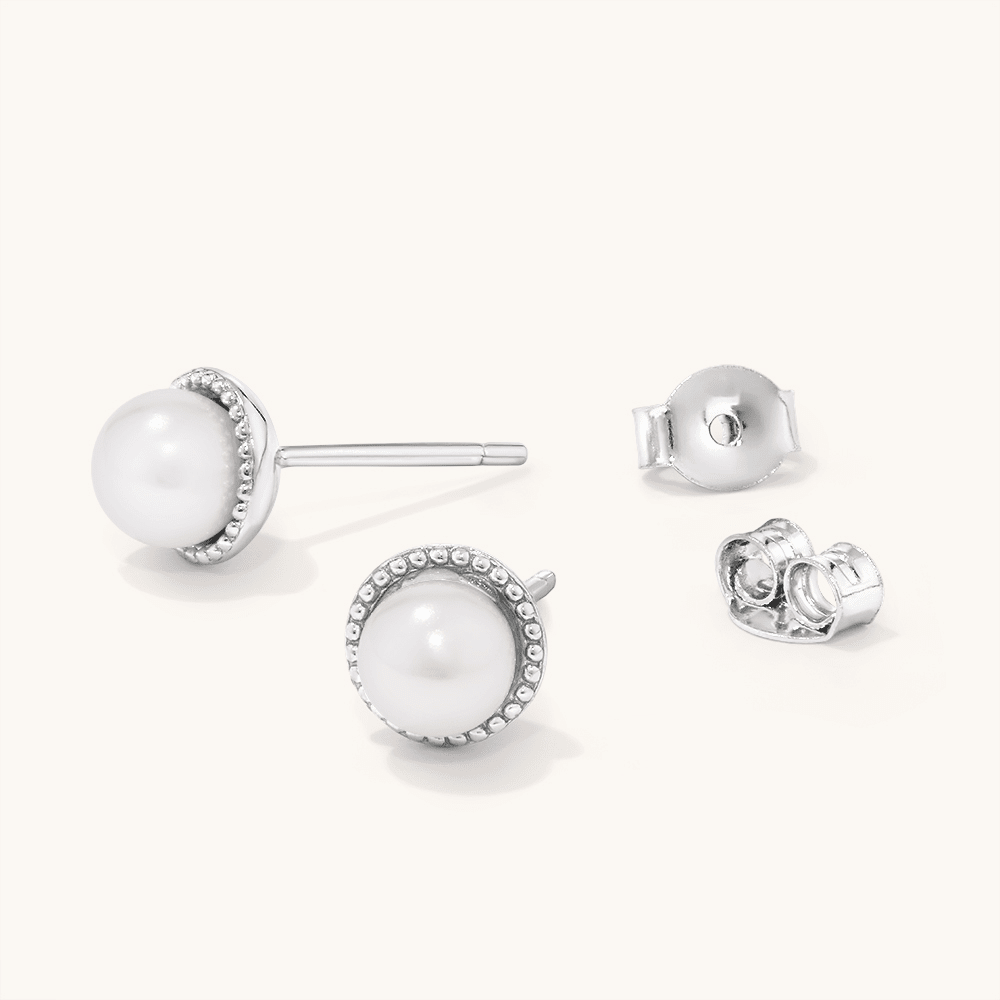 7mm Synthetic Pearl Beaded Halo Stud Earrings in Sterling Silver Earrings Bevilles 