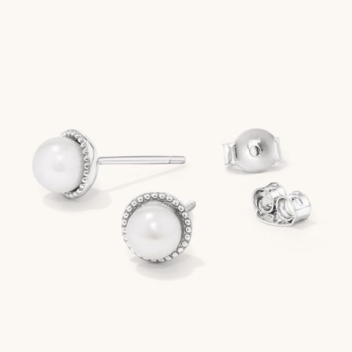 7mm Synthetic Pearl Beaded Halo Stud Earrings in Sterling Silver Earrings Bevilles 