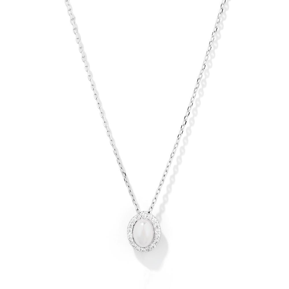 45cm Synthetic Pearl and Cubic Zirconia Halo Oval Pendant Necklace in Sterling Silver Pendants Bevilles 